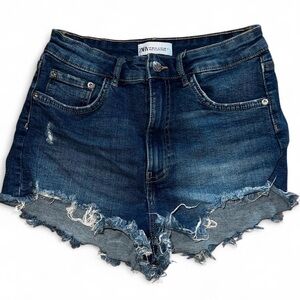 Zara Dark Blue Jean Shorts with Frayed Hem